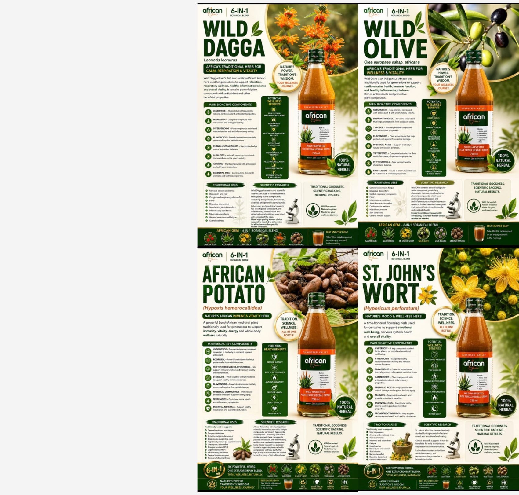 Botanical ingredients and product information from the client material